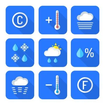 Colored flat style weather forecast icons set. Stock Illustration