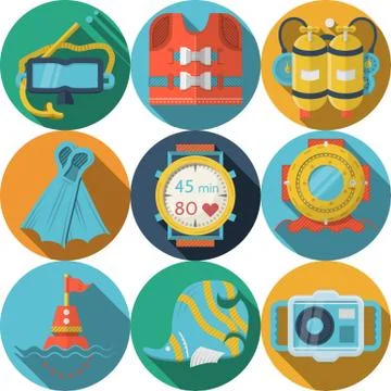 Colored flat vector icons for diving Stock Illustration