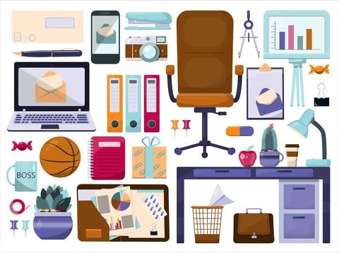 Colored flat vector office accessories. Big set with cartoon business icons Stock Illustration