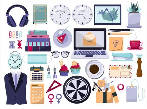 Colored flat vector office accessories. Big set with cartoon business icons Stock Illustration