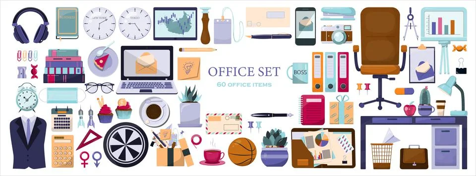 Colored flat vector office accessories. Big set with cartoon business icons Stock Illustration