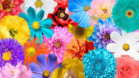 Colored flowers collage background: rose, aster, poeny, perennial, chrysanthemum Stock Illustration