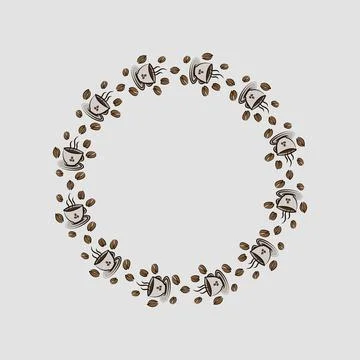 Colored frame with a cup of coffee and coffee beans Illustrazione stock