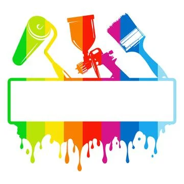Colored frame sign with paint roller, brush and spray gun Stock Illustration