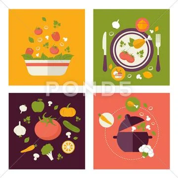 Colored fresh healthy food flat design with fruits, vegetables, vegan and Stock Illustration