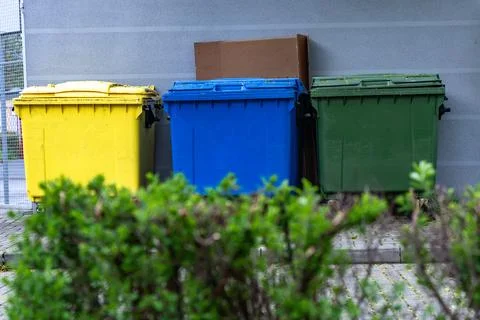 Colored garbage cans, waste segregation, Stock Photos