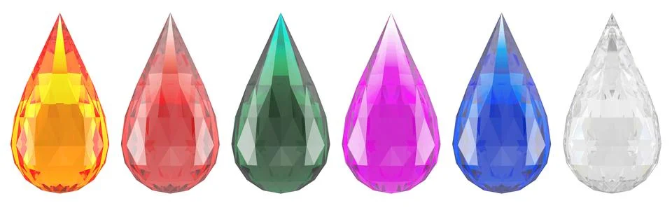 Colored Gems of Drop Cut. Set of color gems in the shape of drop. 3D renderin Stock Illustration
