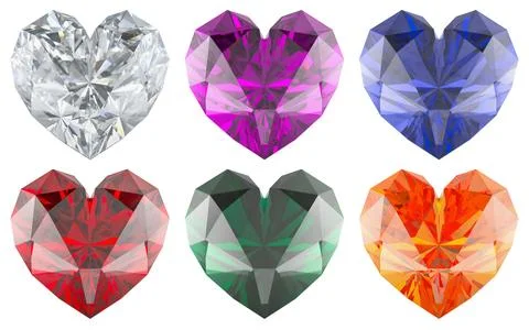 Colored gems in the shape of heart. 3D rendering Stock Illustration