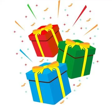 Colored gift boxes flying and falling vector with party decorative Stock Illustration