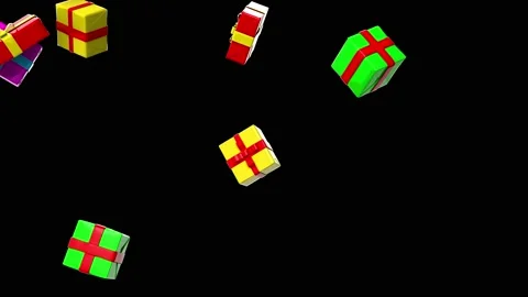 Colored gift boxes wrapped with ribbons are falling on black background. 4K Stock Footage