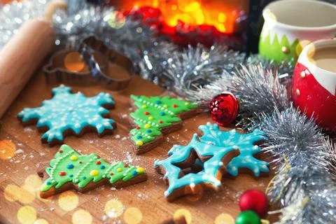 Colored gingerbread cookies with baking forms Stock Photos