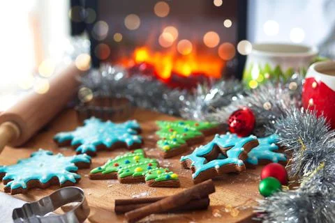 Colored gingerbread cookies with baking forms Stock Photos