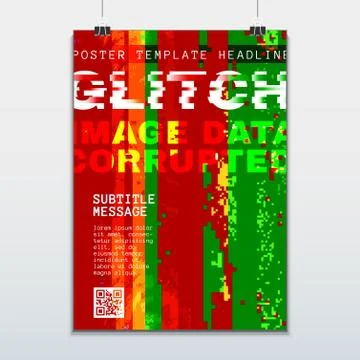 Colored glitch design background poster template. Stock Illustration