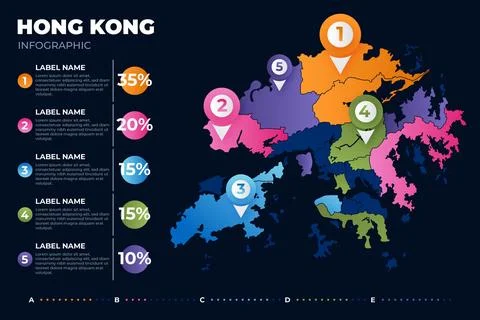 Colored gradient hong kong map infographic on dark background Stock Illustration