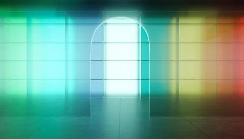 Colored gradient transparent glass wall and glass material arch door Stock Illustration
