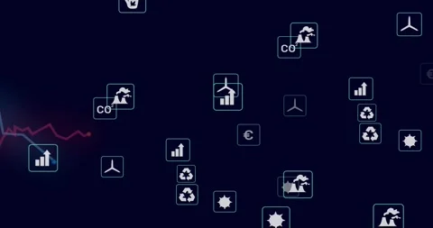 Colored graphs initiating icons floating and fading to visualize sustainability Stock-Footage 317118318
