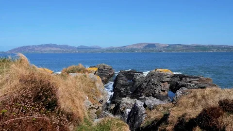 Colored grass and moss-covered Irish coastline where the waves of the sea Stock Footage 128998944