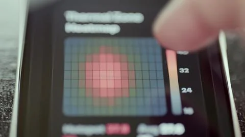 Colored grid heatmap visualizes a concentrated hot zone across data center Stock Photos