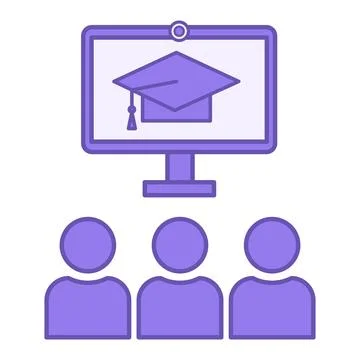 Colored Group Class Icon. Vector Icon. Computer with Webcam, Graduation Hat.. Stock Illustration