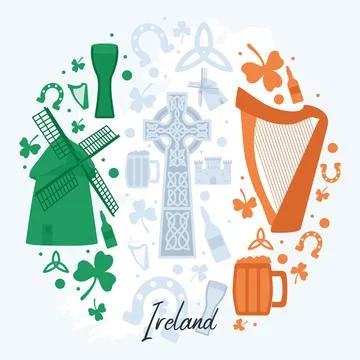 Colored group of traditional irish objects on a circle Vector 스톡 일러스트