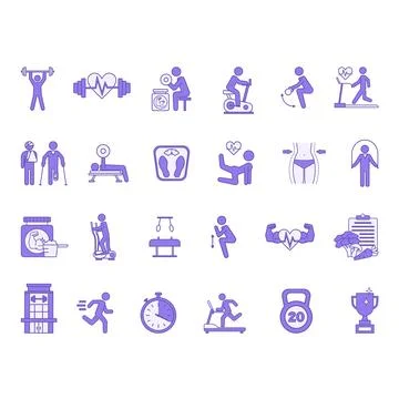 Colored Gym Icon Set. Vector Illustrations Fitness, Weightlifting, Elliptic.. Stock Illustration
