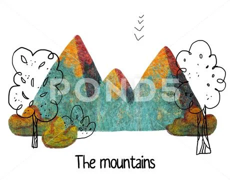 Colored hand drawn clipart with mountains, trees and bushes Stock Illustration
