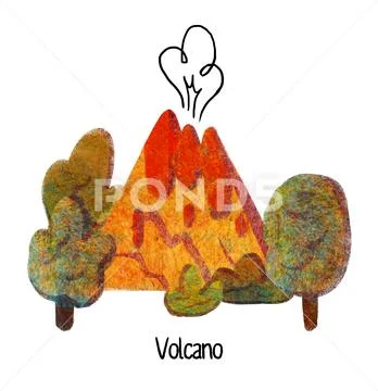 Colored hand drawn clipart with volcano, trees and bushes Stock Illustration
