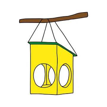 A Colored hand drawn outline vector illustration of A birdhouse is hanging on Ilustração Stock