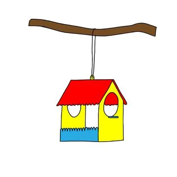 A Colored hand drawn outline vector illustration of A birdhouse is hanging on Ilustração Stock