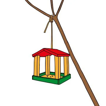 A Colored hand drawn outline vector illustration of A birdhouse is hanging on Ilustração Stock
