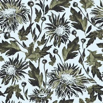 Colored hand-drawn painted seamless pattern with Chrysanthemum Flower. Stock Illustration