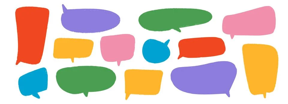 Colored hand drawn speech bubble collection. Doodled dialog box set. Scribbled Stock Illustration