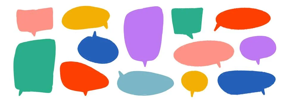 Colored hand drawn speech bubble collection. Doodled dialog box set. Scribbled Stock Illustration