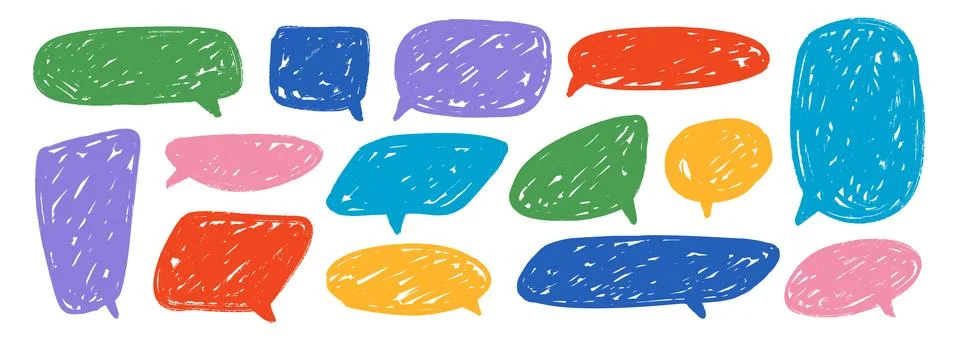 Colored hand drawn speech bubble collection. Scribbled textured dialog box set Illustrazione stock