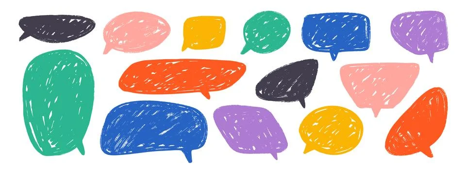 Colored hand drawn speech bubble collection. Scribbled textured dialog box set Stock Illustration