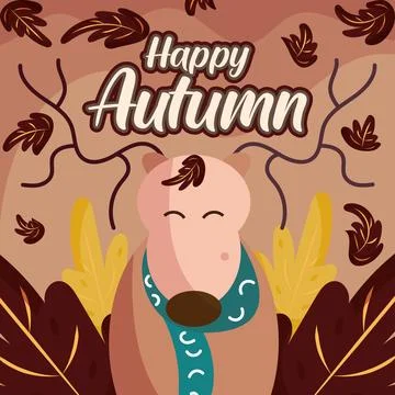 Colored happy autumn concept poster Happy dog pet with scarf Vector Stock Illustration