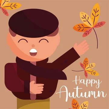 Colored happy autumn concept poster Male character with winter clothes Vector Stock Illustration