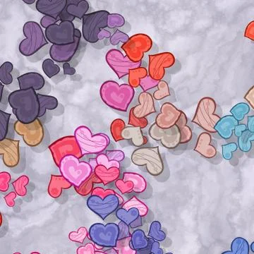 Colored hearts scattered on patterned background Stock Illustration