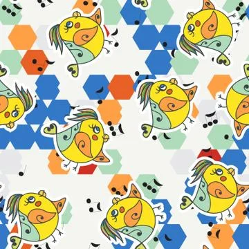 Colored hexagon, musical note and bird. イラスト素材