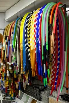 Colored hoses with various hookah designs Stock Photos