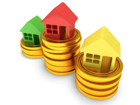Colored houses one stack of coins. 3d render. 库存插图