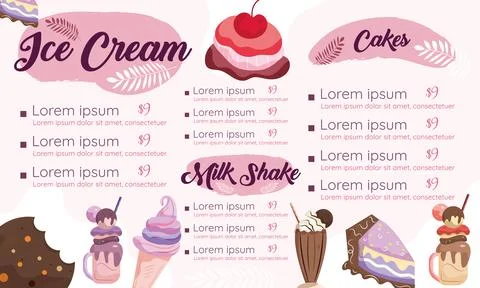Colored ice cream manu with different dessert items Vector Stock Illustration