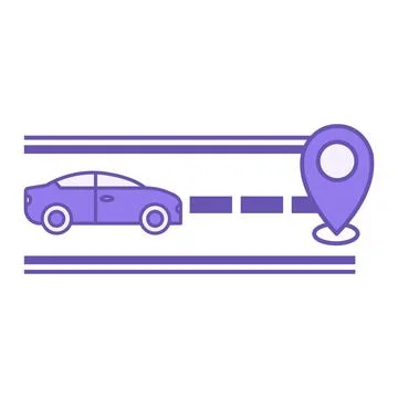Colored Icon Journey. Vector Icon. Car Drives Along Road to Specific Geoloc.. Illustrazione stock