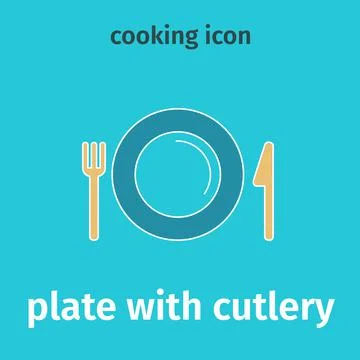 Colored icon plate with cutlery. Vector table setting. Plate, knife and fork. Illustrazione stock