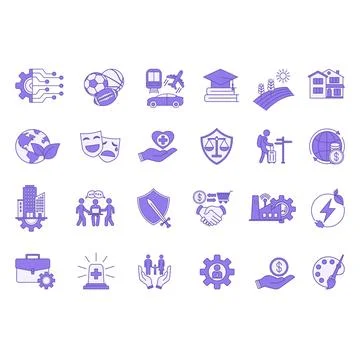 Colored Icon Set Society Sector. Vector Icons Technology, Sports, Transport.. Stock Illustration