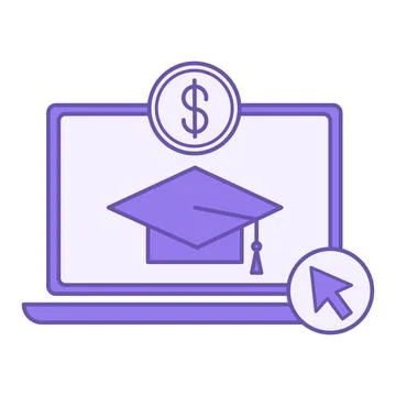 Colored Icon Tuition Cost. Vector Icon. Laptop, Graduation Cap, and Dollar .. Stock Illustration