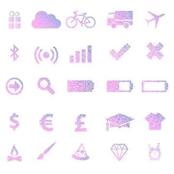 Colored icons set in the form of dots blue-red gradient. Neon graphic, light Stock Illustration