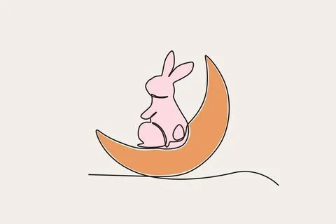 Colored illustration of a rabbit sitting on a crescent moon Stock Illustration