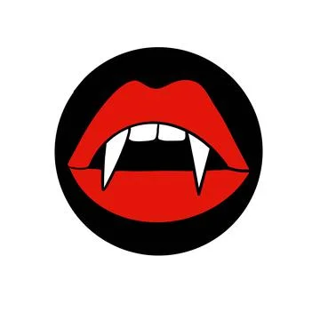 Colored illustration of red lips with vampire fangs, halloween holiday Stock Illustration