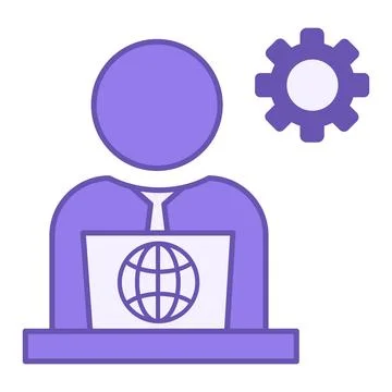 Colored IT Manager Icon. Vector Illustration. Man Sitting at Laptop and Gea.. Stock Illustration